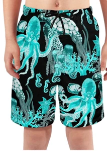 FOKITIENOR Boy's Swim Trunks Shorts Swimsuit Octopus Print Fits Ages 9-10 -Black - Picture 1 of 7