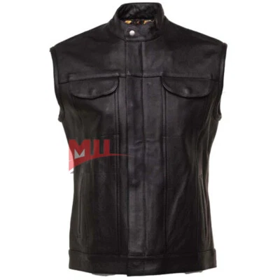 Handmade Men's Black Color Genuine Cowhide Leather Sleeveless Fashion Jacket - Image 1 of 4