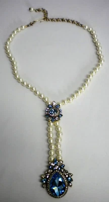 Signed Heidi Daus Blue Tear Drop & Faux Pearl Necklace Rhinestone ? Swarovski ? Foto 1 de 4