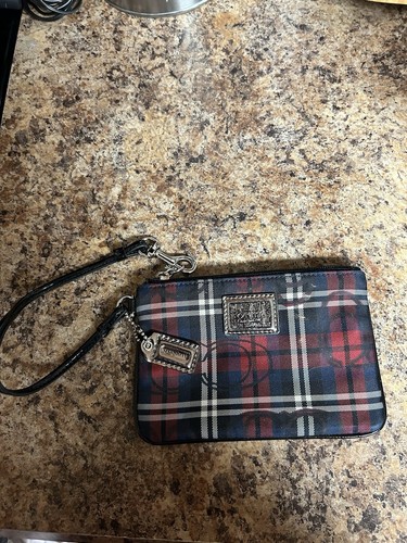 Borsa da polso Coach Poppy rosso nero navy scintillante tartan a quadretti in perfette condizioni