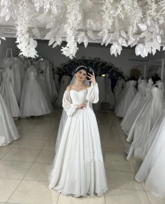 Chiffon Wedding Dresses Off the Shoulder Beach Boho Corset A Line Bridal Gowns - Image 1 of 4