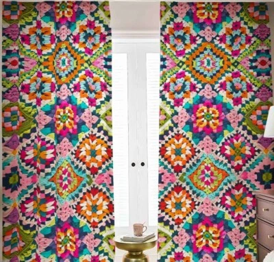 Granny Square Patchwork Blackout Curtains Black Out Cottagecore Granny Pink Blue - Image 1 of 3