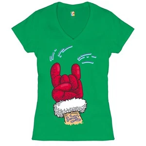 Santa Claus Rock Horns Women's V-Neck T-shirt Merry Christmas Xmas Holiday Tee - Picture 1 of 41