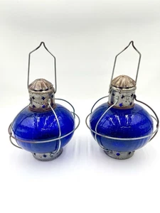 Hosley Blue Glass Onion Shape Lanterns – One Missing Candle Holder Set of 2 - Picture 1 of 7