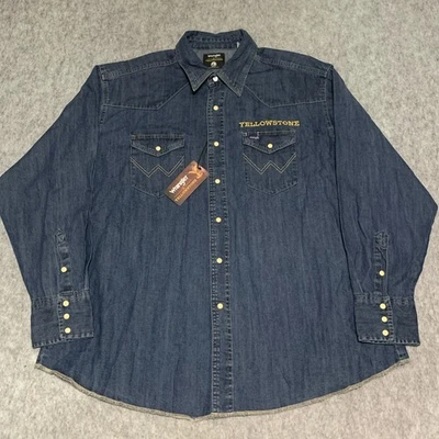 NWT Wrangler Yellowstone Men’s Denim Pearl Snap Shirt Blue Long Sleeve -Size XXL - Image 1 of 4