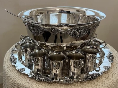 Wallace Silverplate Harvest Punch Bowl, Tray, Ladle & 12 Cups Set of 15 Antique - Image 1 of 4