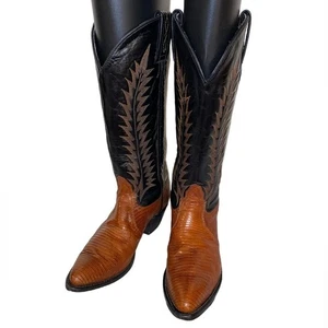 Tony Lama Vintage Teju Lizard Western Boots Black/Peanut Butter Brittle Size 5 - Picture 1 of 11