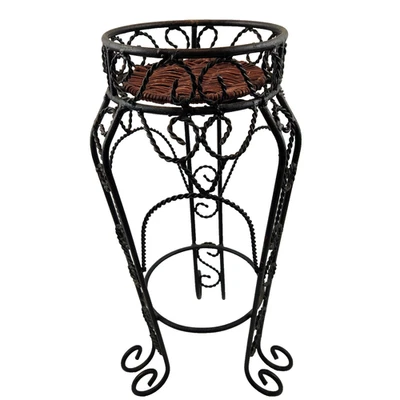 Antigo suporte de planta de ferro forjado bandeja de vime preto torcido pedestal de metal 17" de altura - Imagem 1 de 4