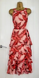 ROMAN size 18 Petite Floaty Chiffon Layered Tiered Dress Pink Red Wedding Guest - Picture 1 of 6