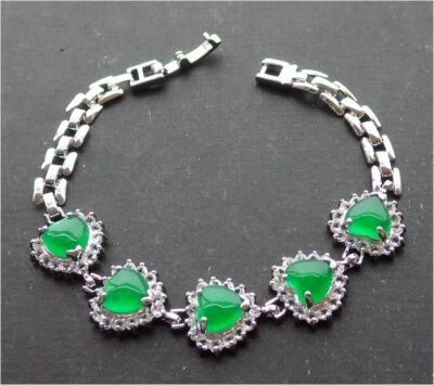 Brazalete Brazalete Genuino Jade Amor Corazón Cuentas Circonita Cúbica 18KGP Cierre Foto 1 de 4