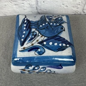 Ken Edwards Style Tonala Mexican Pottery Trinket Box Bird Lid 3.5" Square Vanity - Picture 1 of 10