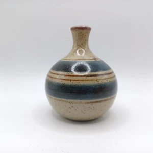 Vintage Pottery Small Round Stoneware Bud Vase Beige Brown Blue Handcrafted 3.5" - Picture 1 of 7