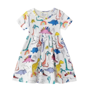 NWT Dinosaur Rainbow Girls White Short Sleeve Dress - Picture 1 of 5