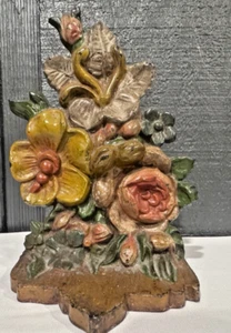 ANTIQUE  HUBLEY CAST IRON DOORSTOP MIXED BUQUET FLOWERS FLORAL  HAIND PAINTED - Picture 1 of 9