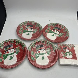NEW Vtg Hallmark "HAPPY THE SNOWMAN” 7” Dessert Paper Plates And Napkins - Picture 1 of 5