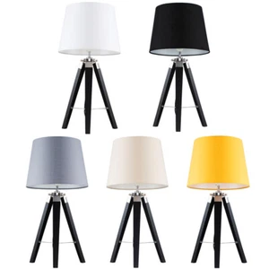 Tripod Table Lamp Wooden Bedside Living Room Light Tapered Cotton Lampshade LED - Picture 1 of 23