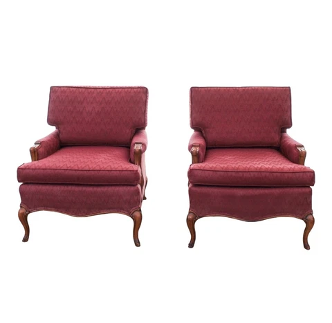 1930s Louis XV Walnut Bergeres - Red Fireside Arm Chairs - A Pair Cover