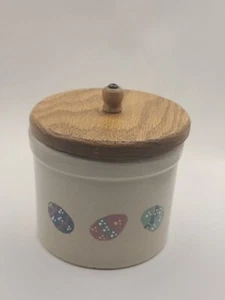 Roseville USA Keramik Topf in creme mit handbemalten Eiern. Holzdeckel. Vintage  - Bild 1 von 6