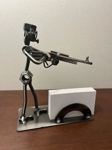 Metal Sculpture Man Hunting with Rifle Nuts and Bolts Business Card Holder - Picture 1 of 15