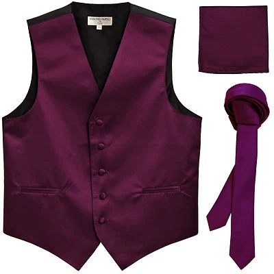 New Men's eggplant vest Tuxedo Waistcoat_1.5" necktie & hankie set wedding party - Image 1 of 4