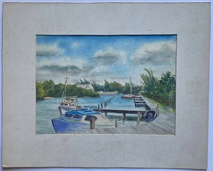 Vintage 50s Original Coastal Harbor Cape Cod Speedboat Boats Watercolor Painting - Picture 1 of 15