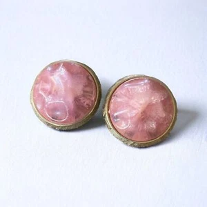 Vintage Coro 40s 50s Pink Large Round Earrings Faux Stone Gold Look Trim Clip On - Picture 1 of 4