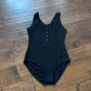 Melrose and Market Women's Medium Bodysuit Black Sleeveless Ribbed Henley Tank - Picture 1 of 8