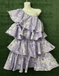ASOS Luxe Dress Ruffles Tiered One Shoulder Mini Jacquard Women Size 6 Floral - Picture 1 of 12