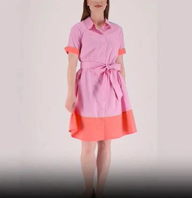 Isaac Mizrahi Live Color Block Poplin Dress *Size Reg 12* Classic Pink  A499638 - Image 1 of 2