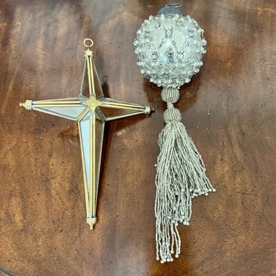 Vintage Victorian Tiffany Style Cross & Beaded Mercury Kugel Style Ball Ornament - Image 1 of 4