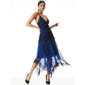 Vestido Pañuelo Alice + Olivia Opal Encaje Negro Azul Talla 6 Midi Encaje Volantes - Imagen 1 de 12