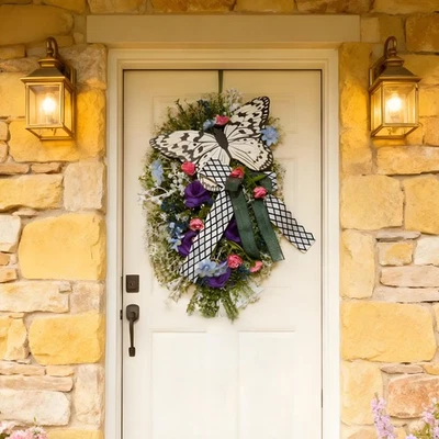 19'' Artificial Spring Wreath Rose Butterfly Wreath FrontDoor Decoration Garland - Image 1 of 3