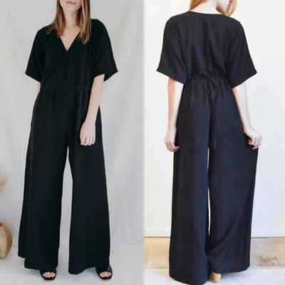 ESBY Duffy Black Woven Linen Lagenlook Cotton Reversible Wide Leg Jumpsuit M - Image 1 of 4