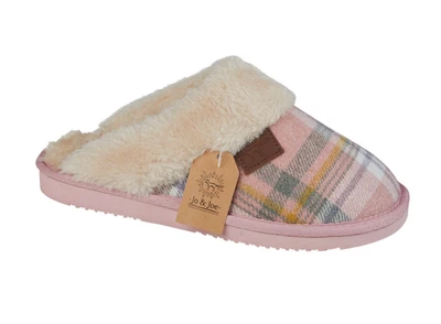 Jo & Joe Shetland Womens Slippers Ladies Tartan Check Fur Mule Slippers Pink