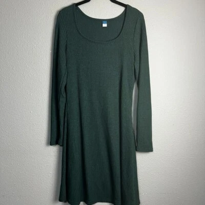 Old Navy Rib Knit Dress Long Sleeve A-Line Fit & Flare Mini Casual Kelly Green M - Image 1 of 4