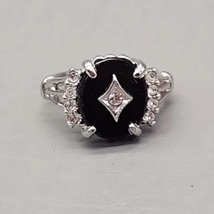 Ring Black Glass Oval Stone Rhinestones 18K Gold Electroplated Cocktail Sz 5.75 - Picture 1 of 9