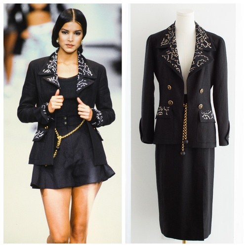 Tuta Chanel Vintage S S 1993 Runway Nero Beige Camelia Lino 93P Giacca Gonna