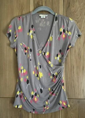 Boden Women's Jersey Stretch Knit Top Size 8P Gray Print Cap Sleeve Faux Wrap - Image 1 of 4