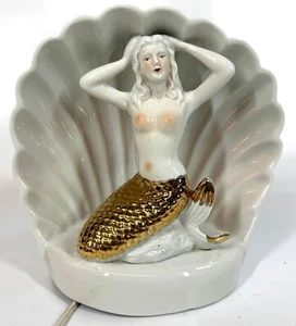 Vintage MCM Mid Century Porcelain Topless Mermaid Shell TV Lamp w Flame Bulb - Picture 1 of 12