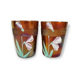 Antike Fenton Orange Emailliert Iris Karneval Glas Wasser Tasse 2er Set - Bild 1 von 9
