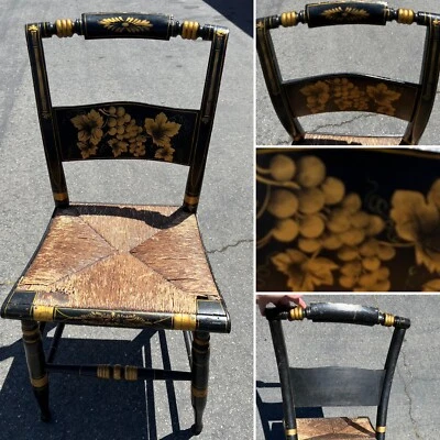 Antique Hitchcock Black & Gold Stenciled Farmhouse Rush Seat Chair - Image 1 of 4