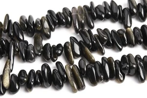 Natural Gold Sheen Obsidian Stick Pebble Chip Grade AAA Loose Bead 12-24x3-5MM - Picture 1 of 4