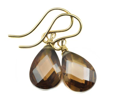 14k Gold Cubic Zirconia Earrings Brown Chocolate CZ Sterling Faceted Pear Drop - Image 1 of 4