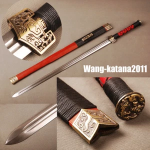 Straight Chinese Han Dynasty Jian剑 Damascus Folded Steel Sharp Double Edge Sword - Picture 1 of 12