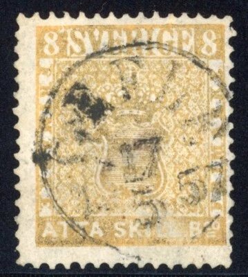 Escudo de armas Suecia 1856 8s Sc# 4c Facit# 4d usado en estado bastante bueno fecha circular cancelar RARO Foto 1 de 3