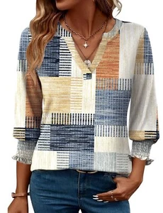Womens V Neck 3/4 Sleeve Blouses Spring Tops 2025 - Picture 1 of 6