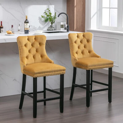 2Set 27.2" Height Bar Stools Velvet Kitchen Bar Dining Chairs Wooden Legs Gold - Image 1 of 4