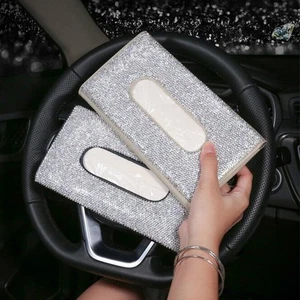 Caja de pañuelos PU diamante brillante coche colgante estuche cubierta parasol papel servilleta soporte - Imagen 1 de 16