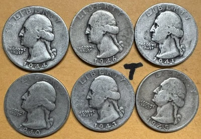 Lot of 6 Washington Quarters - 90% Silver -Various Dates - Philadelphia Mint NN - Image 1 of 2