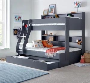 Kids Wooden Triple Sleeper Bunk Bed with Trundle, Storage & Shelves - Picture 1 of 9